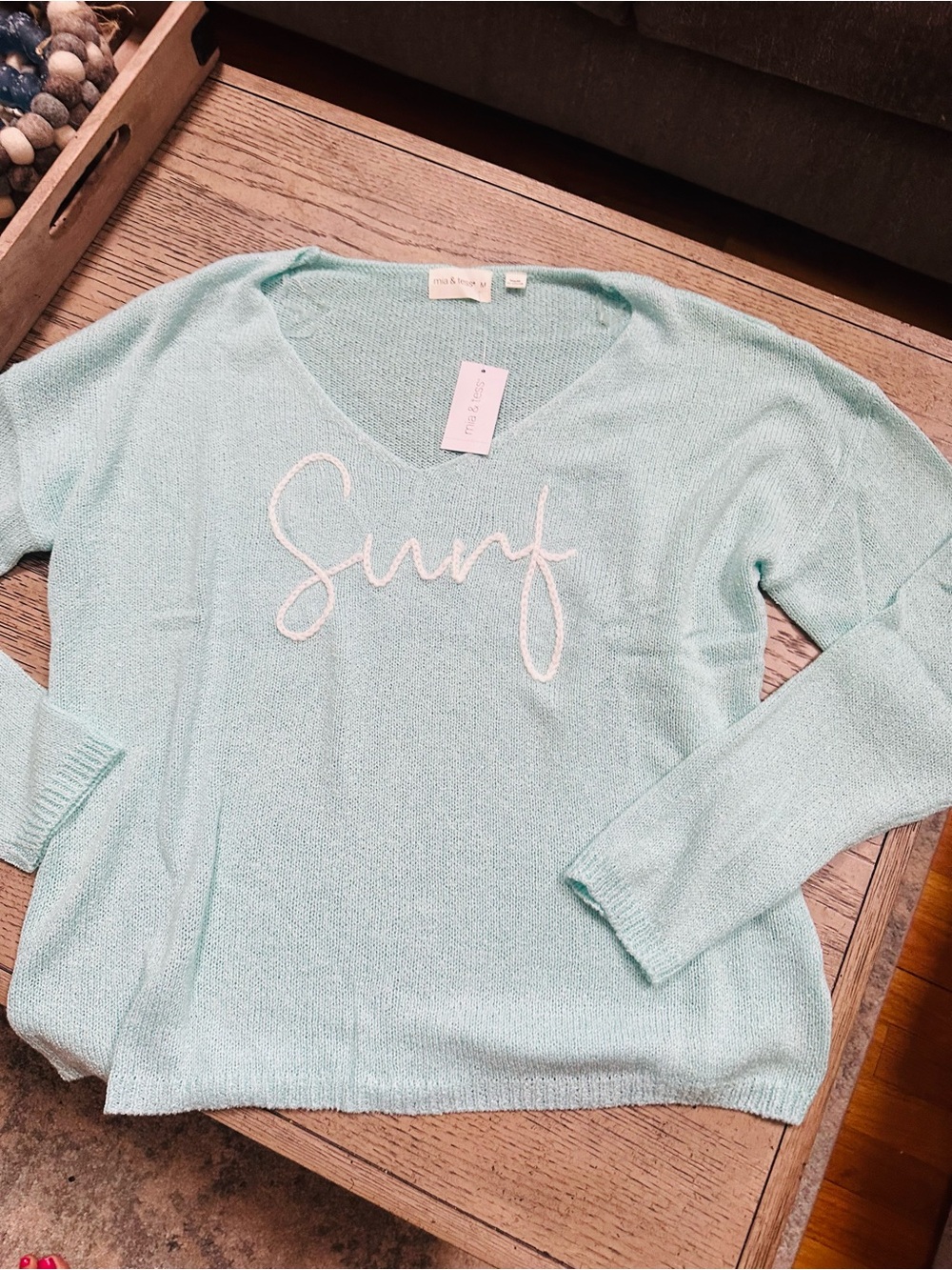 mia & tess Mint 'Surf' V-Neck Sweater